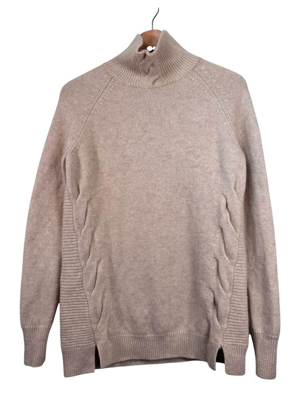 Garnet Hill 100% Cashmere Cable Detail Turtleneck Sweater Medium Beige Pullover